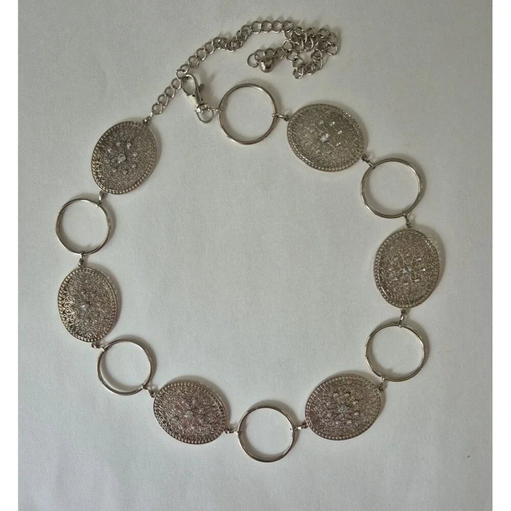 Silver ToneCircle and Oval Filigree Gems Chain Link Waist Hip Belt 44 IN Total